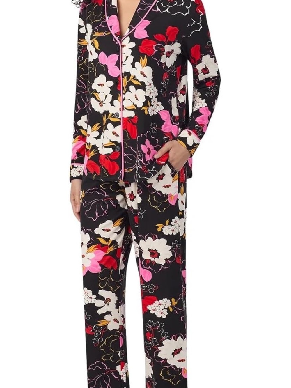 Black Floral Wide-Leg Pajama Set with Pink & Red Accents - Picture 2 of 4